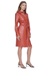 Halston Women's Faux-Leather Tie-Waist Shirtdress - Rust