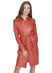 Halston Women's Faux-Leather Tie-Waist Shirtdress - Rust