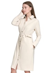 Halston Women's Faux-Suede Belted Long-Sleeve Shirtdress - Cream