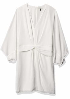HALSTON Women's Kimono Sleeve V Neck Silky GGT Dress with Twist Drape Detail at Waist