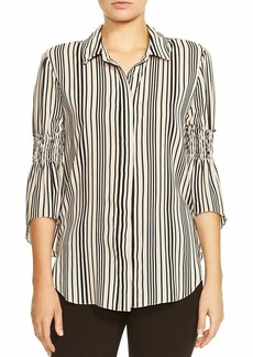 HALSTON Women's Long Sleeve Button Shirt w Smocking Buff/Black Variegated Stripe Print M