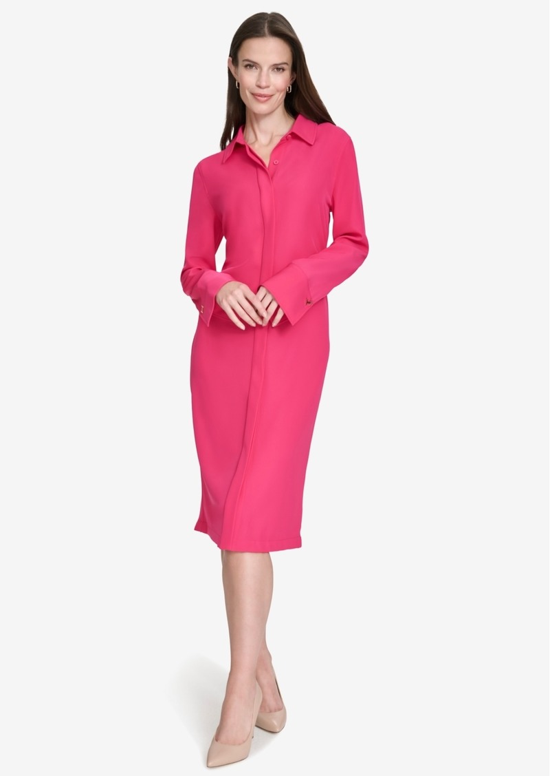 Halston Women's Long-Sleeve Collared Side-Tuck Dress - Lipstick P