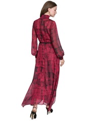 Halston Women's Mock-Neck Belted Chiffon Maxi Dress - Cerise Multi