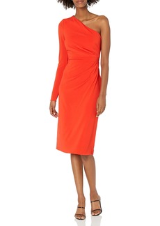 HALSTON Women's One Sleeve Stretch Jersey Knee Length Cocktail Dress with Pleated Tuck Detail at Waist