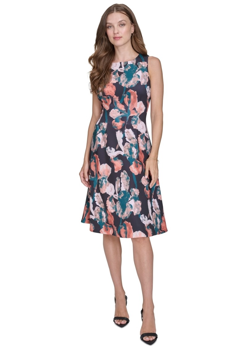 Halston Women's Printed Round-Neck Sleeveless Fit & Flare Dress - Pine Multi