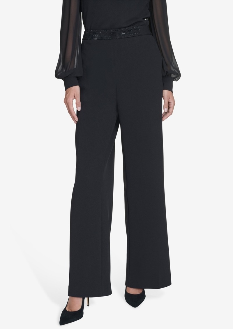 Halston Women's Rhinestone-Waistband Wide-Leg Pants - Black