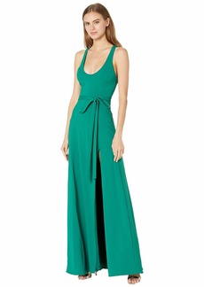 HALSTON Women's Sleeveless Scoop Neck Bonded Jersey Gown with Tie Belt and Side Slit