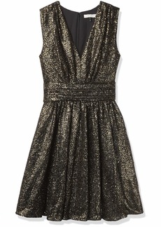HALSTON Women's Sleeveless V Neck Above The Knee Dress in Textured All Over Sequins Black/Gold