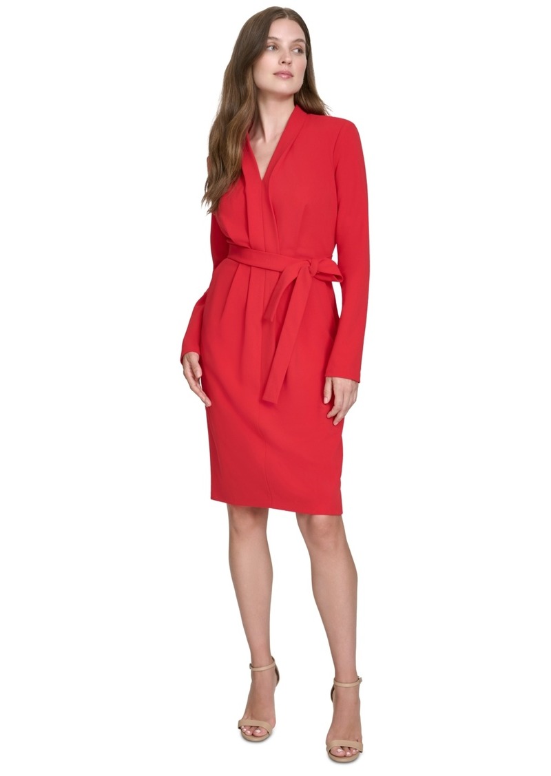 Halston Women's V-Neck Belted Long-Sleeve Sheath Dress - Red