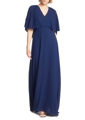Halston Heritage Pleated Cape Sleeve Georgette Gown
