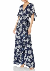 Halston Heritage Women's Flounce Sleeve Printed WRAP Gown with TIE Belt Closure Navy/Cream Abstract Floral