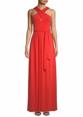 Halston Heritage Women's Sleeveless Cross Neck Jersey Gown with Back Knot Detail  XL