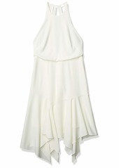 Halston Heritage Women's Sleeveless Round Neck Flounce Skirt Dress with Back Straps