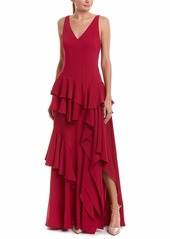 Halston Heritage Women's Sleeveless Wide V Neck Flounce Detail Gown