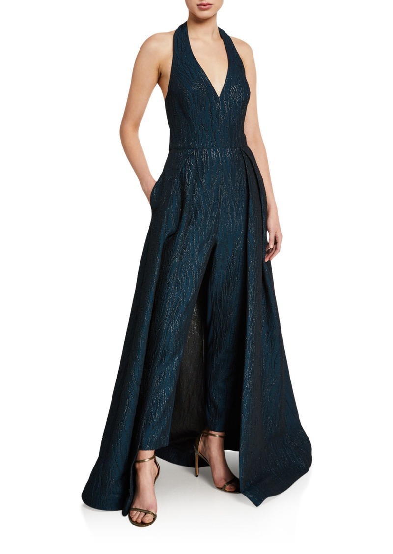 halston strapless jacquard jumpsuit