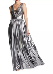 Halston Titania Metallic V-Neck Sleeveless Gown