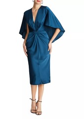 Halston Tomi Satin V-Neck Cape Midi-Dress