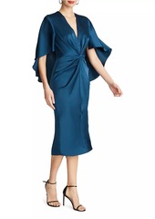 Halston Tomi Satin V-Neck Cape Midi-Dress