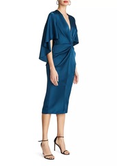 Halston Tomi Satin V-Neck Cape Midi-Dress