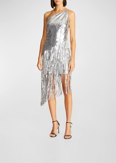 Halston Tonya One-Shoulder Sequin Fringe Midi Dress