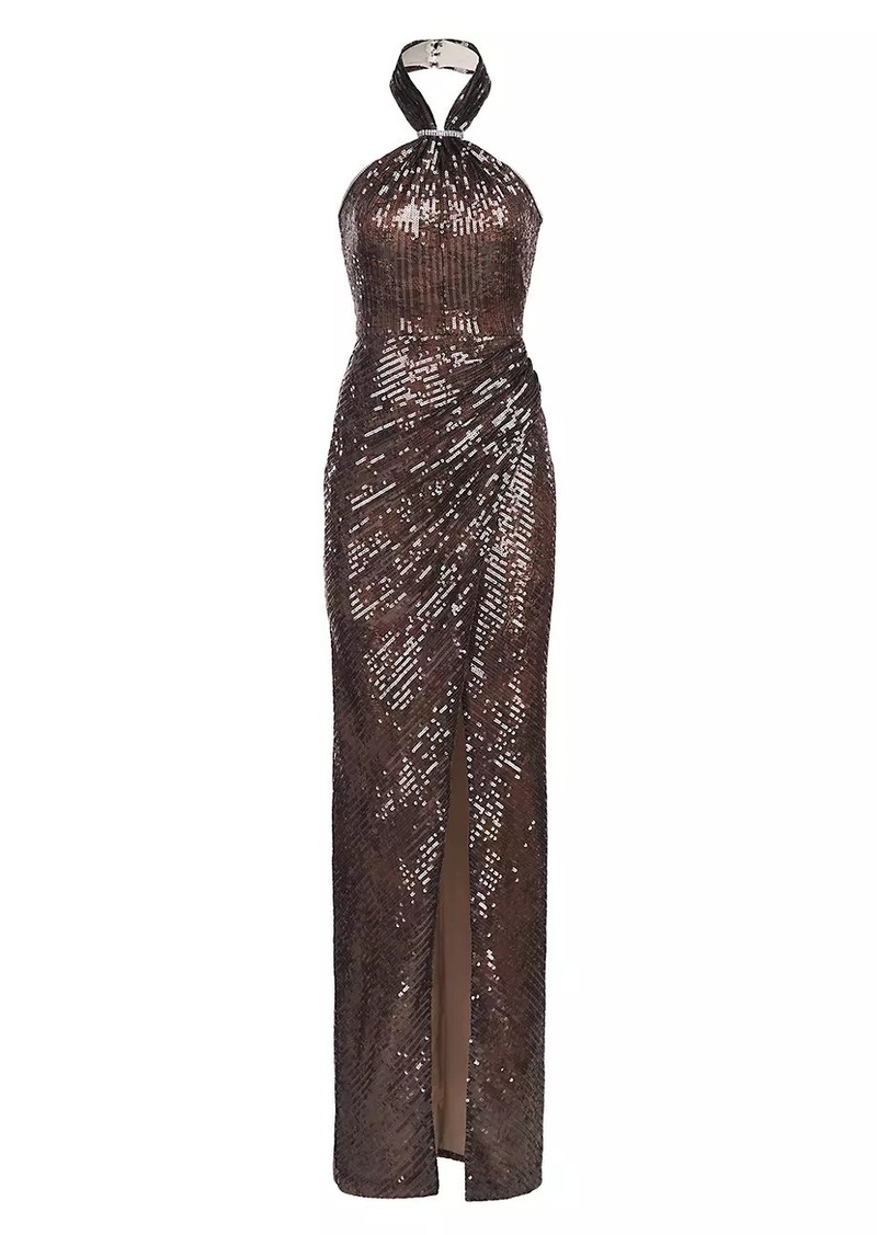 Halston Umbra Sequin Lace Halter Gown