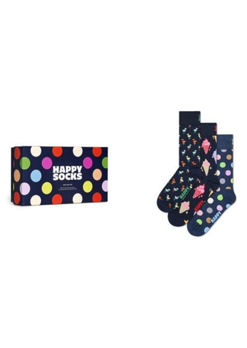 Happy Socks Navy Assorted 3-Pack Crew Socks Gift Box