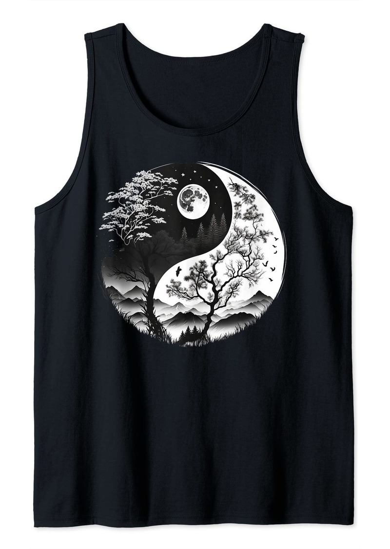 Harmony and White Yin Yang Symbol on Nature Taijitu Yin Yang Tank Top