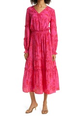Haute Hippie Floral Long Sleeve Ruffle Silk Maxi Dress in Pink Peacock Deep Red Multi at Nordstrom