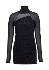 Helmut Lang Crepe Ruched Sheer-Accent Turtleneck Minidress