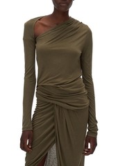 Helmut Lang Asymmetrical Long Sleeve Stretch Jersey Top in Naval Green at Nordstrom