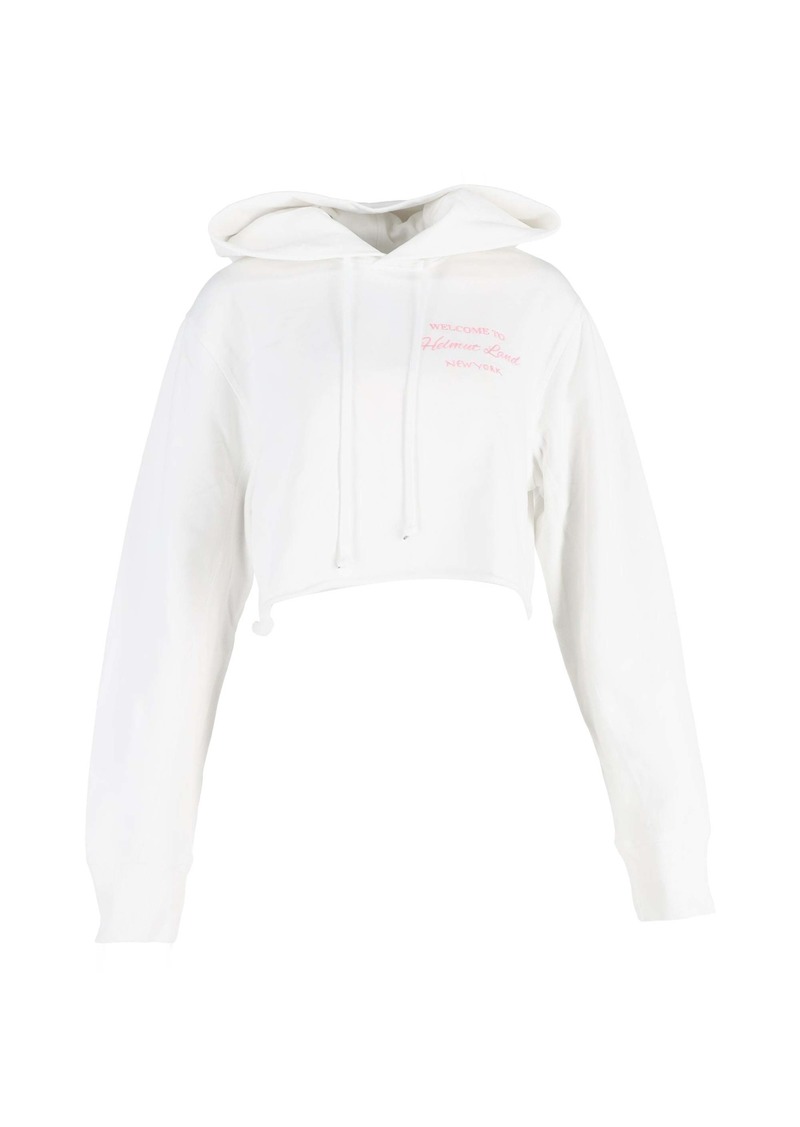 Helmut Lang Cropped Slogan Embroidered Hoodie In White Cotton