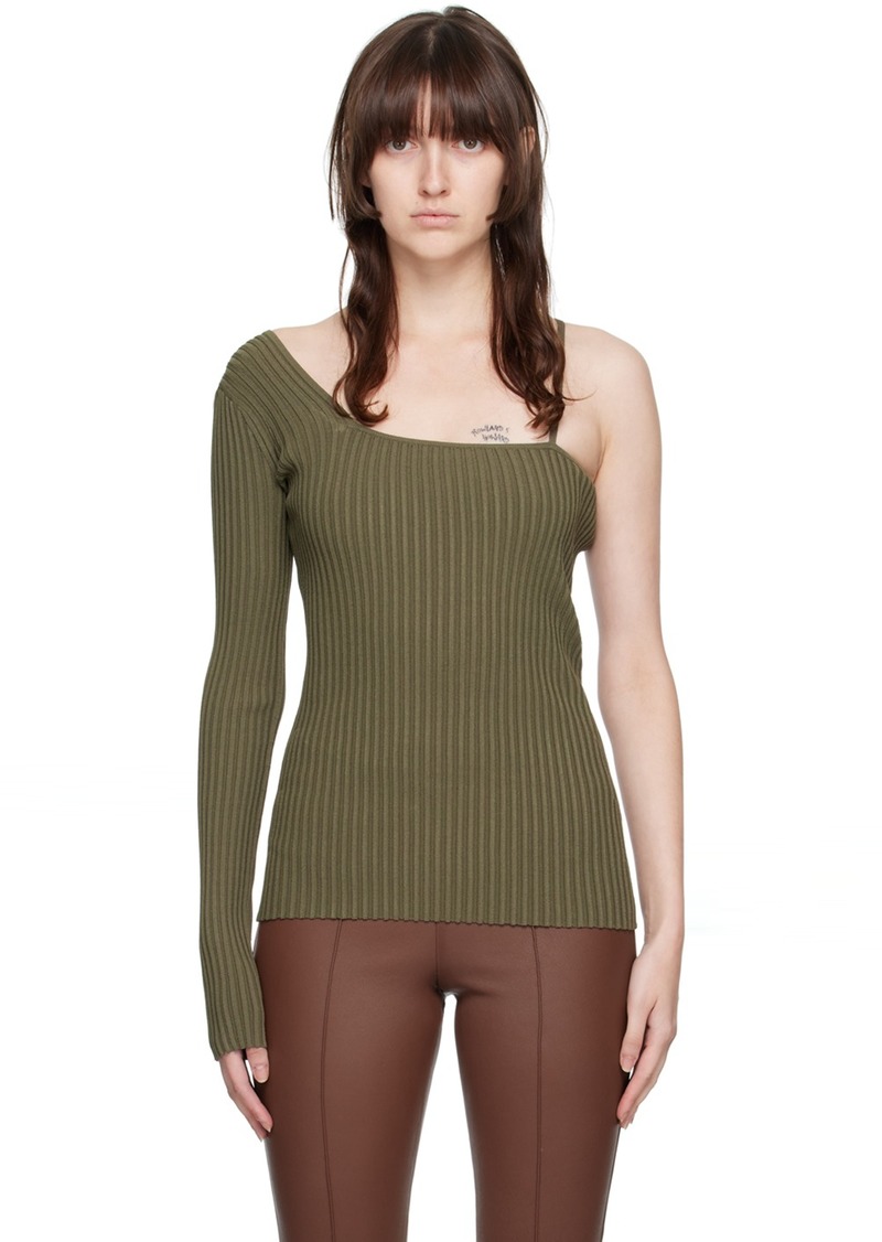 Helmut Lang Green One-Shoulder Long Sleeve T-Shirt