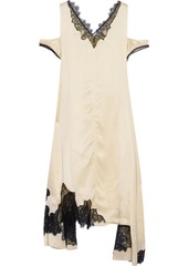 Helmut Lang Woman Asymmetric Cold-shoulder Chantilly Lace-trimmed Satin Dress Cream