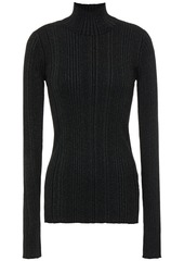 Helmut Lang Woman Metallic Ribbed Merino Wool-blend Turtleneck Sweater Forest Green