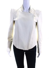 Helmut Lang Womens Front Zip Crew Neck Grain Leather Jacket White