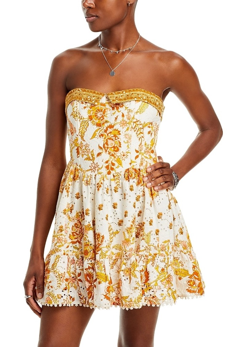 Hemant and Nandita Patterned Eyelet Strapless Mini Dress