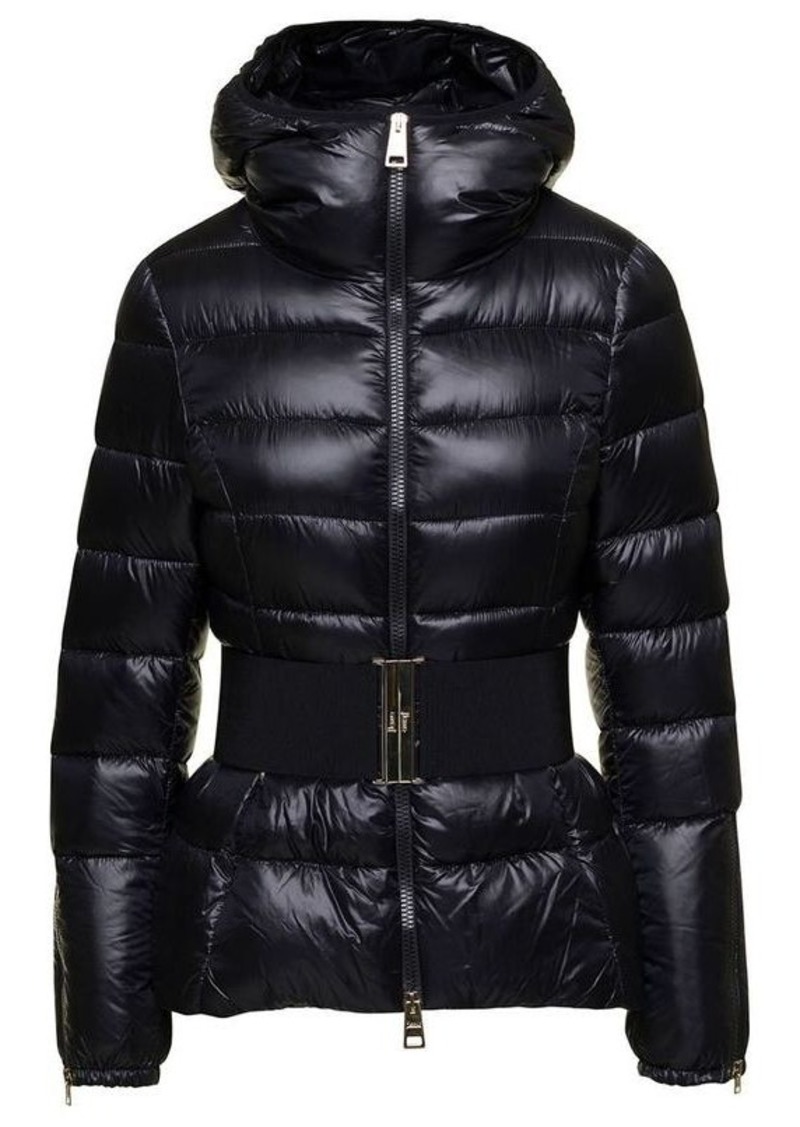 Herno Black Hooded Down Jacket with Branded Belt in Polyamide Woman