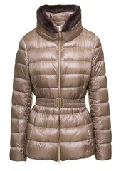 Herno 'Claudia' Beige Down Jacket with Fur Trim and Belt in Nylon Woman