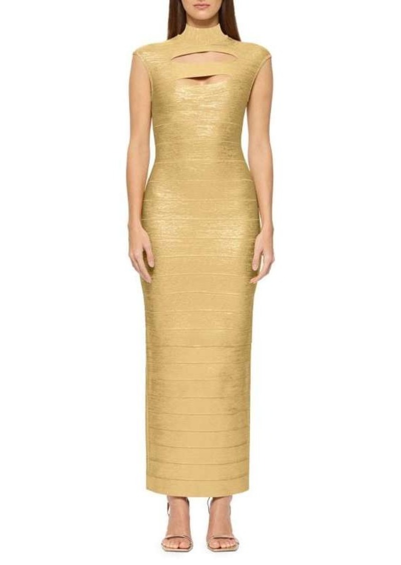 Herve Leger Foil Cap Sleeve Bodycon Maxi Dress