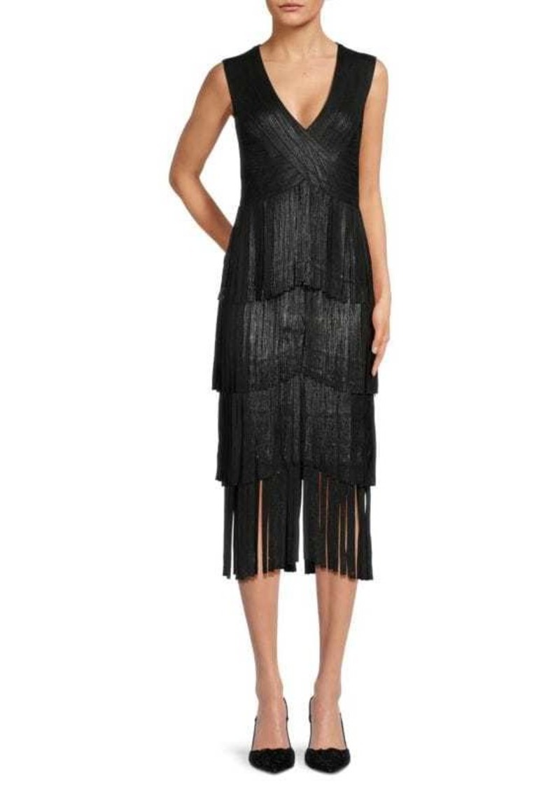 Herve Leger Fringe Tiered Midi Dress