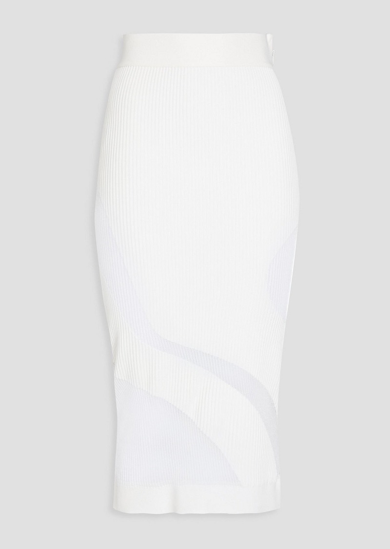 Herve Leger Hervé Léger - Tulle-trimmed ribbed-knit midi skirt - White - XXS