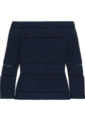 Herve Leger Hervé Léger Woman Off-the-shoulder Crochet-trimmed Metallic Bandage Top Midnight Blue