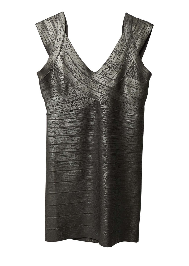 Herve Leger Criss Cross Foil Mini Dress in Silver Rayon