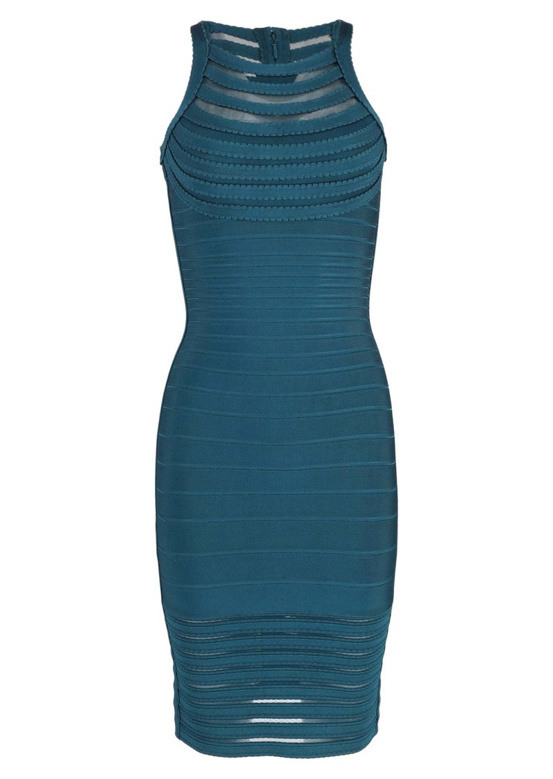 Herve Leger Emely Halter Neck Bandage Dress in Teal Rayon