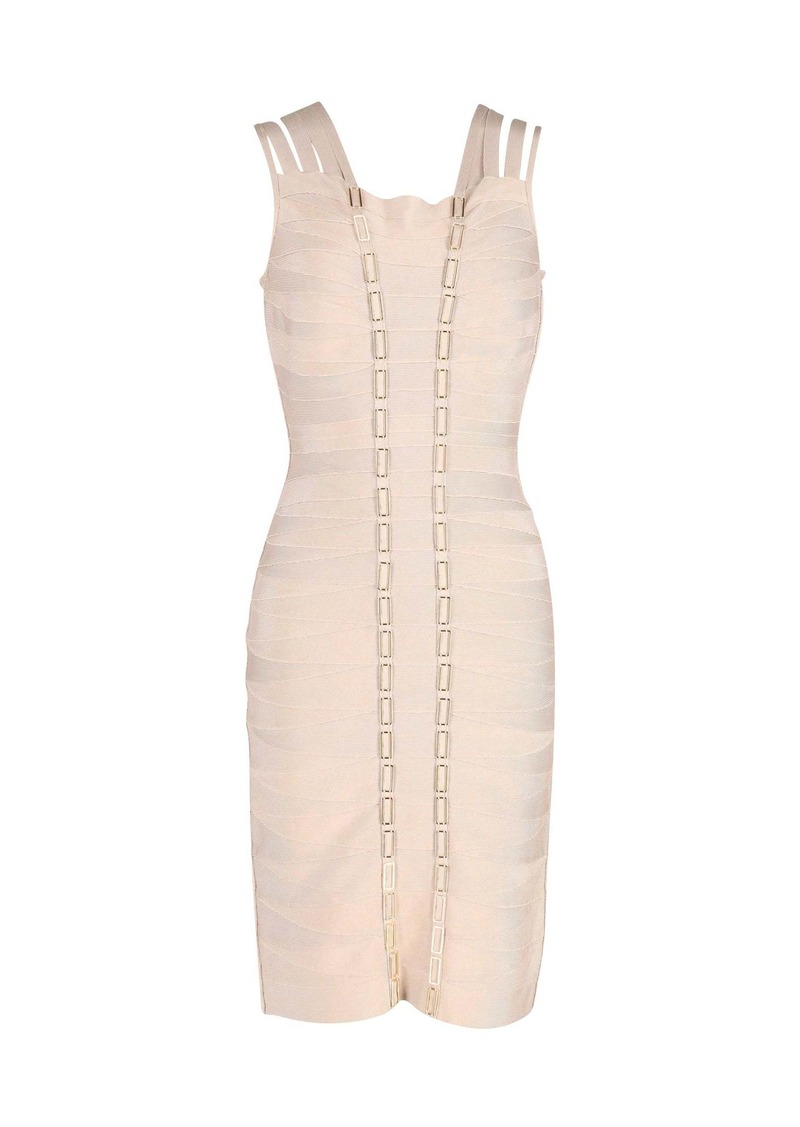 Herve Leger Gemma Metal Chain Link Detail Bandage Dress in Nude Rayon