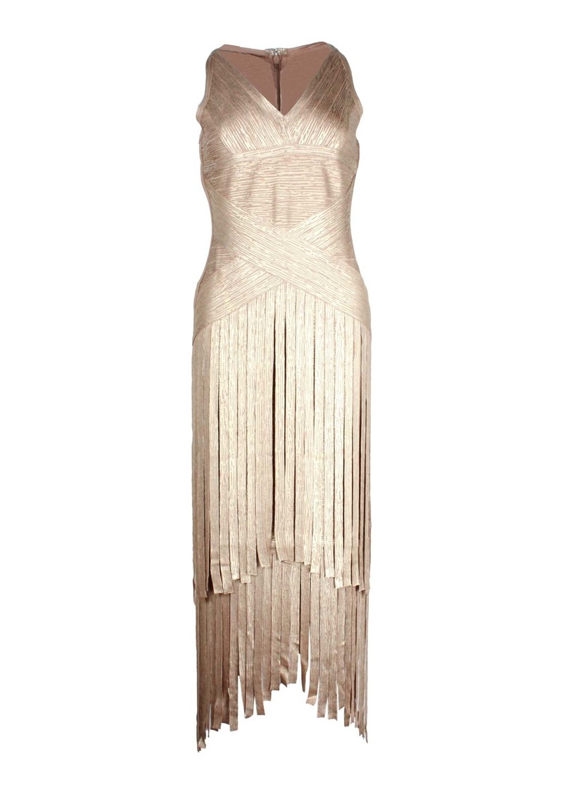 Herve Leger Tiered Fringed Metallic Midi Dress in Gold Rayon