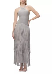 Herve Leger Metallic Kennedy Fringe Halter Gown