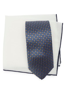 Hickey Freeman Neat Silk Tie and Pocket Sqare Gift Set in Navy/Yellow at Nordstrom Rack
