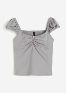 H&M H & M - Picot-trimmed Puff-sleeved Top - Gray