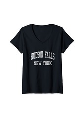 Hudson Jeans Womens Hudson Falls New York NY Vintage Athletic Sports Design V-Neck T-Shirt